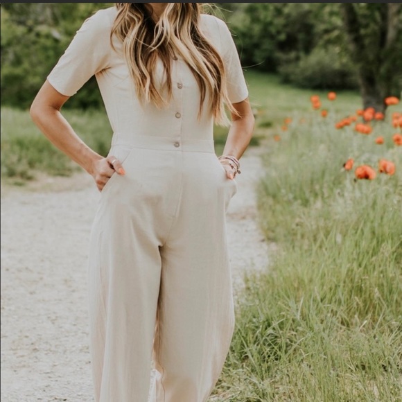Roolee Pants - Roolee Button Down Beige Linen Jumpsuit